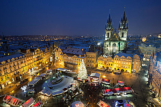 捷克共和国,波希米亚,布拉格,俯视,钟楼,圣诞市场,老城广场,泰恩教堂