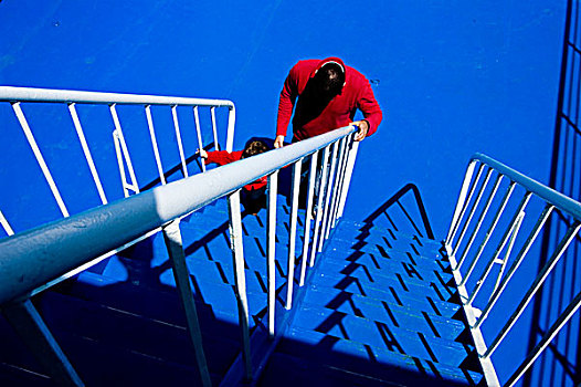 男人,小,儿子,红色,衣服,楼梯,绝对,蓝色,背景,希腊