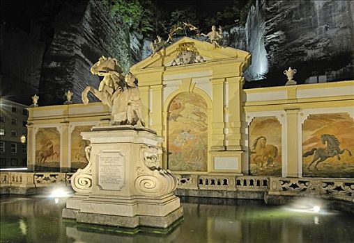 喷泉,地点,洗,马,华丽,壁画,夜晚,萨尔茨堡,奥地利,欧洲