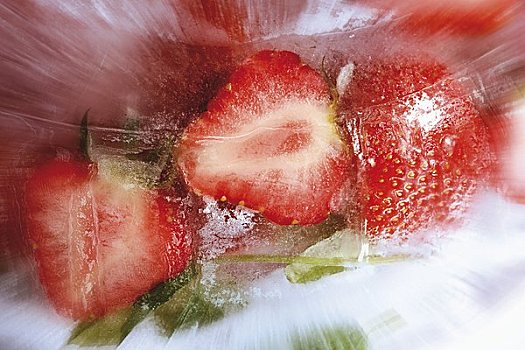 草莓,冰块,特写