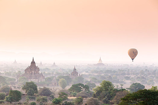 热气球,上方,蒲甘寺庙,日出,蒲甘,分开,曼德勒,缅甸,亚洲