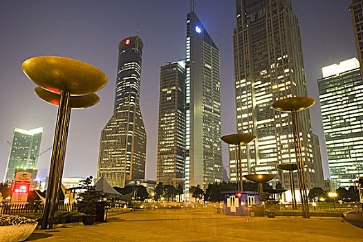 中国,上海,浦东,公园,摩天大楼,光亮,晚间