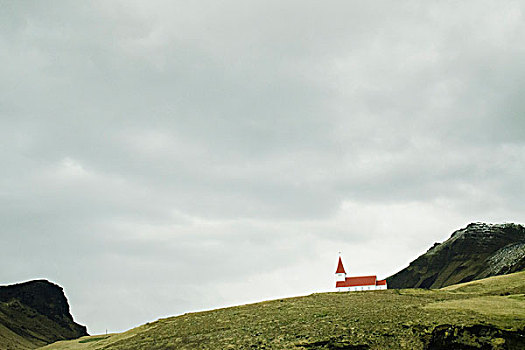 教堂,山,背景,冰岛