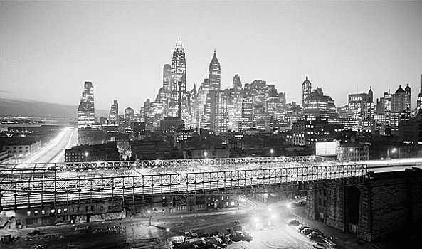 美国,纽约,看,南,上方,布鲁克林大桥,下曼哈顿,天际线