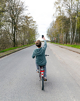 男孩,照相,骑,自行车