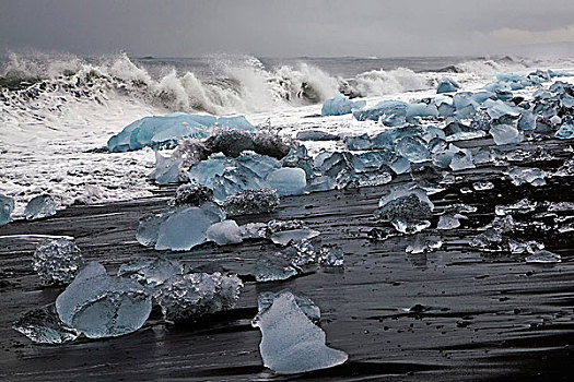 大块,漂浮,冰,火山岩,海滩,靠近,杰古沙龙湖,冰岛,欧洲
