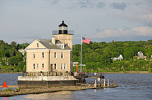 美国,纽约,哈得逊河,溪流,亮光,灯塔,1838年