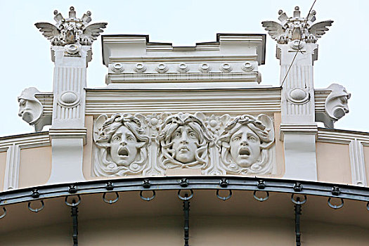 三個,頭部,建筑,房子,艾伯塔省,街道,新藝術,公寓,建筑師,里加,拉脫維亞,歐洲