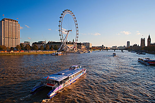 英格兰,伦敦,泰晤士河,伦敦眼,南方,堤岸,晚间,阳光,河,渡轮