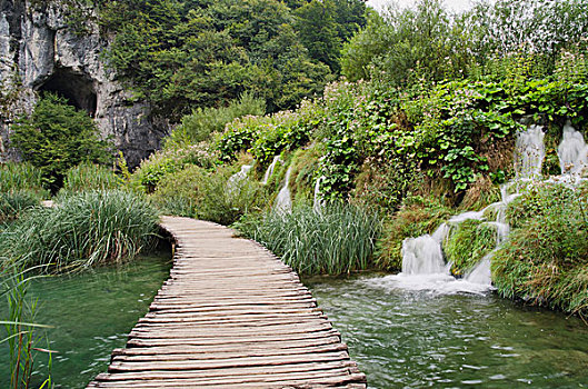 木板路,瀑布,普利特维察,湖,国家,公园,世界遗产,克罗地亚,欧洲