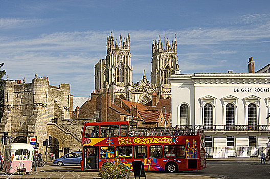 英格兰,北约克郡,红色,观光,巴士,展示,约克大教堂,背景
