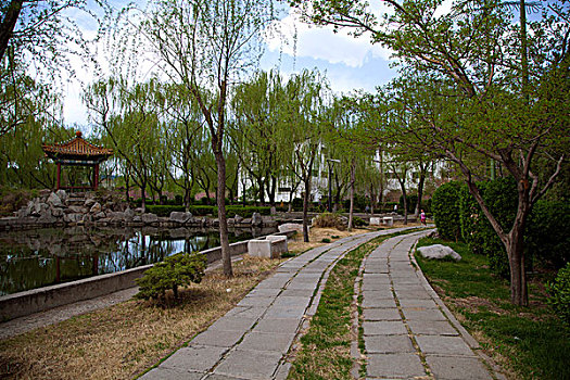 中国古典园林湖泊中的石板路和凉亭