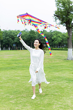 女孩,放风筝,公园,美女,亚洲人,拿着,风筝,就绪,飞行