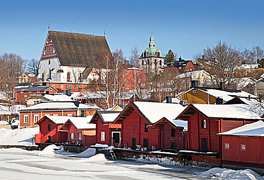 红色,木屋,河,海岸,城镇,芬兰