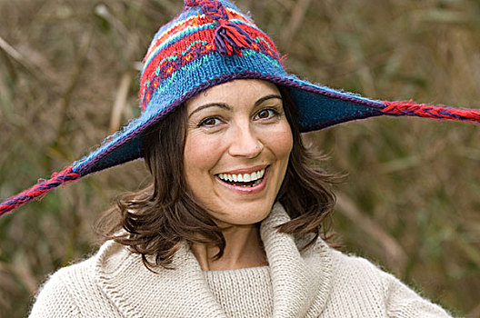 微笑,女人,戴着,编织帽