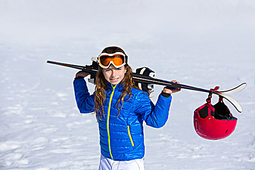 儿童,女孩,冬天,雪,拿着,滑雪装备,头盔,护目镜