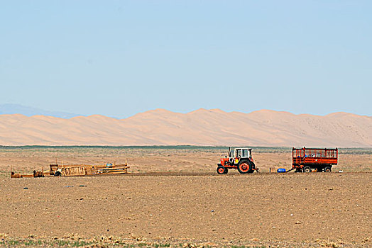拖拉机,拖车,正面,沙子,沙丘,戈壁,沙漠,国家,公园,蒙古,亚洲