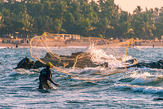 渔民,渔网,海滩,湾,孟加拉,伊洛瓦底江,缅甸,亚洲