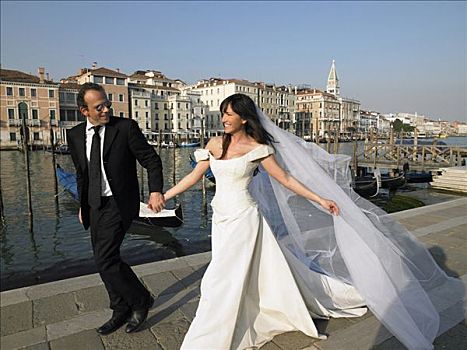 新郎,新娘,走,大运河,威尼斯,意大利