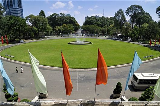 旗帜,喷泉,广场,宫殿,胡志明市,西贡,越南,东南亚