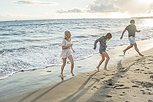 父亲,女儿,跑,海滩