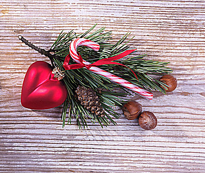 松树,嫩枝,圣诞装饰,木质,表面