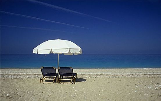 遮阳伞,沙滩椅,海滩,西部,岛屿,凯法利尼亚岛,希腊,欧洲