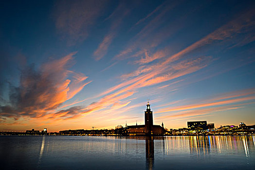斯德哥尔摩,市政厅,日落,瑞典
