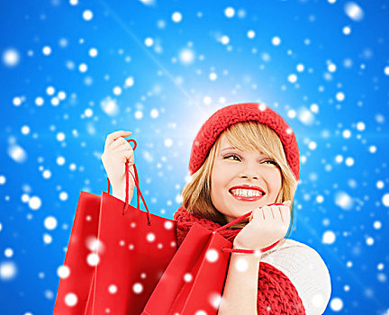 高兴,寒假,圣诞节,人,概念,微笑,少妇,帽子,围巾,购物袋,上方,蓝色,雪,背景
