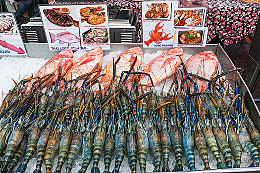 泰国,曼谷,道路,海鲜,餐馆,展示,鱼肉,对虾