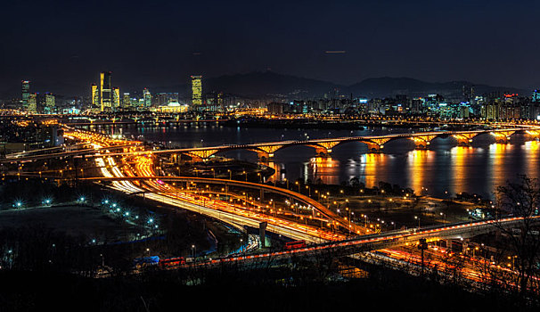 夜晚,交通,上方,河,首尔