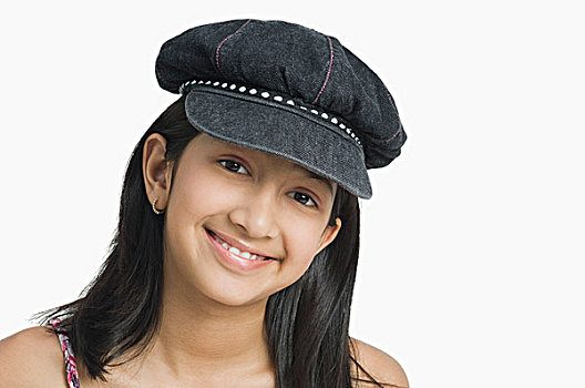 一个,女孩,肖像,戴着,帽,微笑