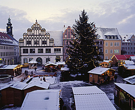 德国,图林根州,魏玛,圣诞市场,晚间,俯视,城市,圣诞节,圣诞树,状况,市场,人,心情,圣诞时节,时间,降临节