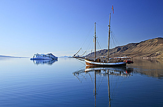 格陵兰,东方,沿岸,风景,帆船,冰山,山景