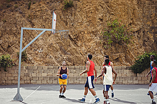 籃球手,玩,籃球,球場,戶外