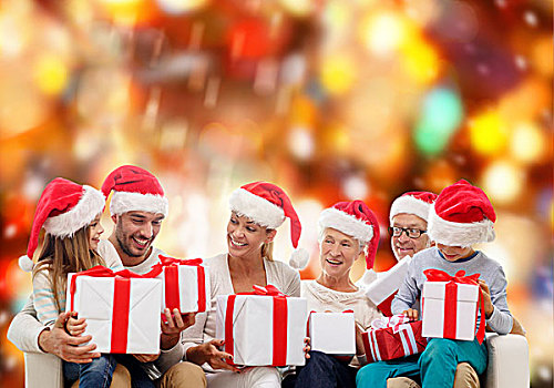 家庭,高兴,休假,人,概念,幸福之家,圣诞老人,帽子,礼盒,坐,沙发,上方,红灯,背景