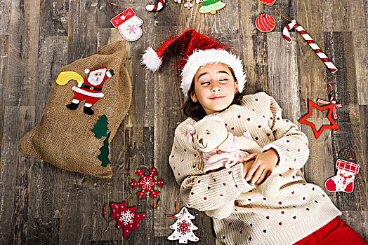 可爱,小女孩,戴着,圣诞帽,睡觉,木地板,圣诞装饰,冬服