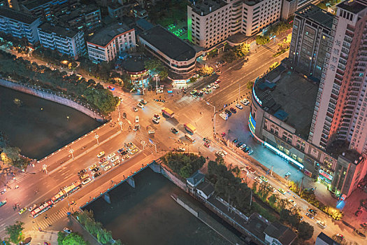 成都,市中心,高楼大厦,府南河,夜景,俯瞰