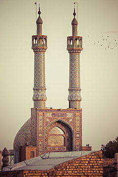亚兹德,伊朗,十月,清真寺,冠,一对,尖塔