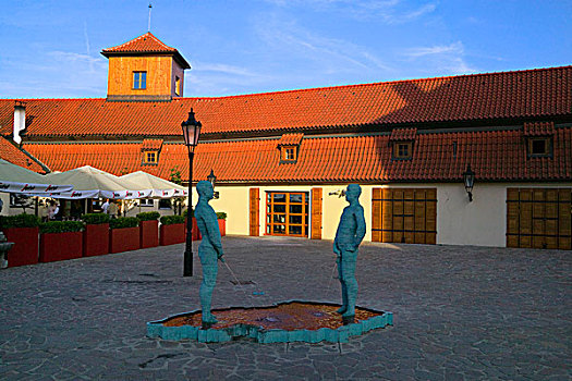 现代,雕塑,红色,屋顶,房子,布拉格,捷克共和国