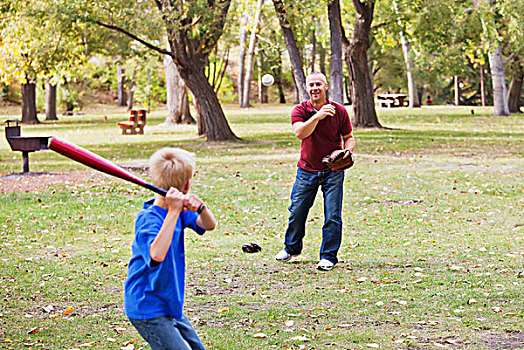 父子,玩,棒球,公园,艾伯塔省,加拿大