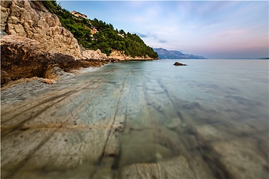 岩石,海滩,透明,亚德里亚海,靠近,晚上,达尔马提亚,克罗地亚