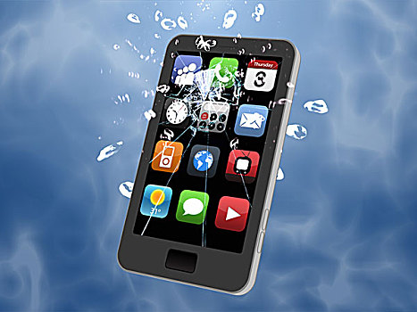 智能手机,水中,蓝色背景,背景