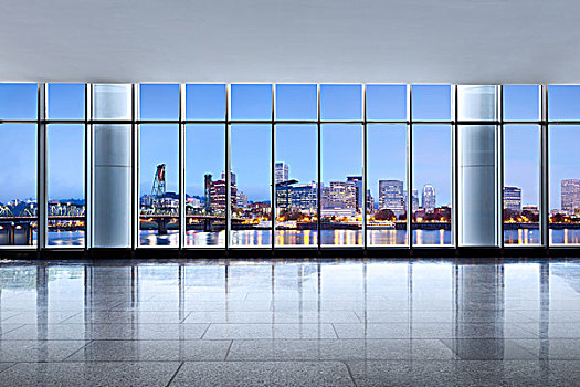 城市,天际线,波特兰,日出,玻璃窗