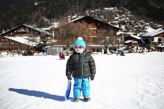 法国,3岁,男孩,雪撬,山,冬天