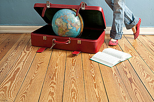 球体,手提箱,书本,腿,象征,图像,旅行,度假