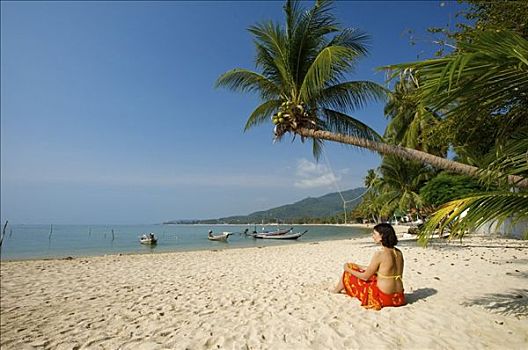 坐,女人,海滩,苏梅岛,泰国