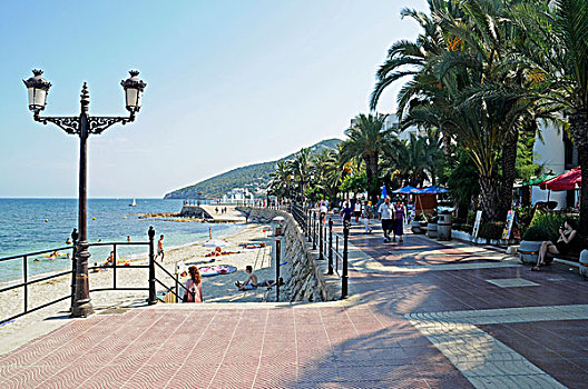 海滩散步,棕榈树,伊比萨岛,巴利阿里群岛,西班牙,欧洲