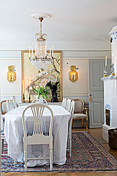 白色,桌布,餐桌,椅子,老式,吊灯,传统,餐厅