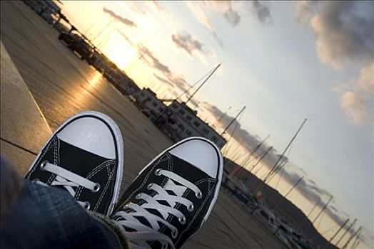 鞋,日落,港口,维戈,西班牙,欧洲